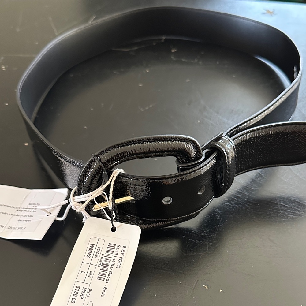 Women's Black Patent Leather Belt with Rounded Buckle